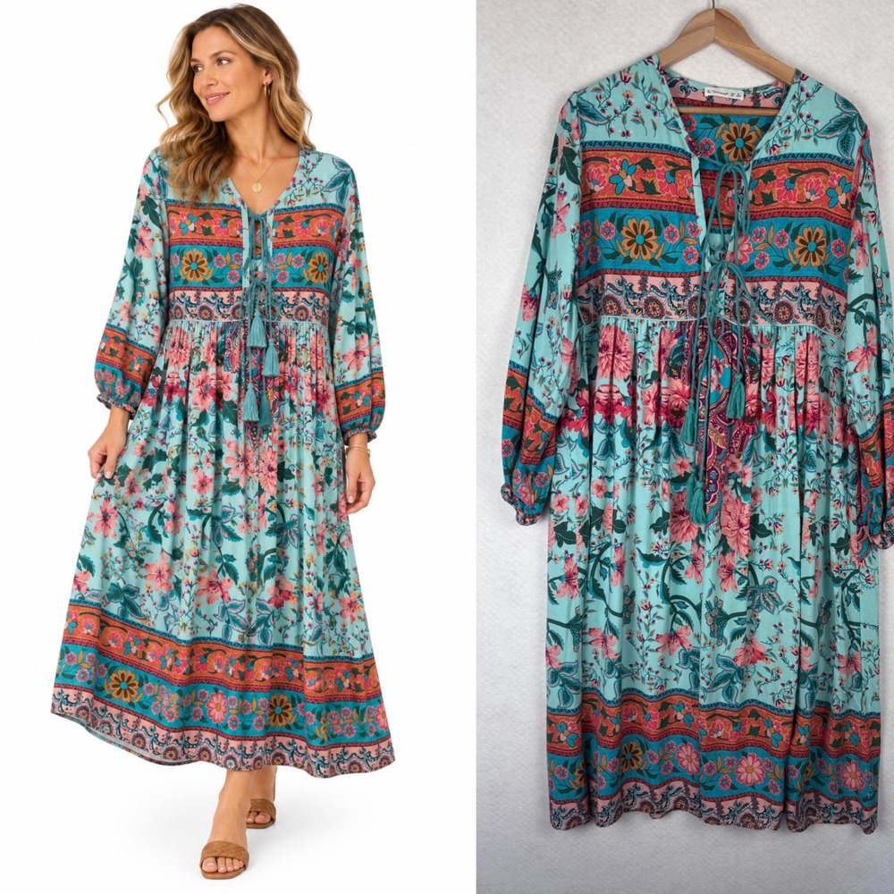 Floral Boho Midi Dress Size XL Cotton Rayon Tassel Tie Long Sleeve Resort Fall